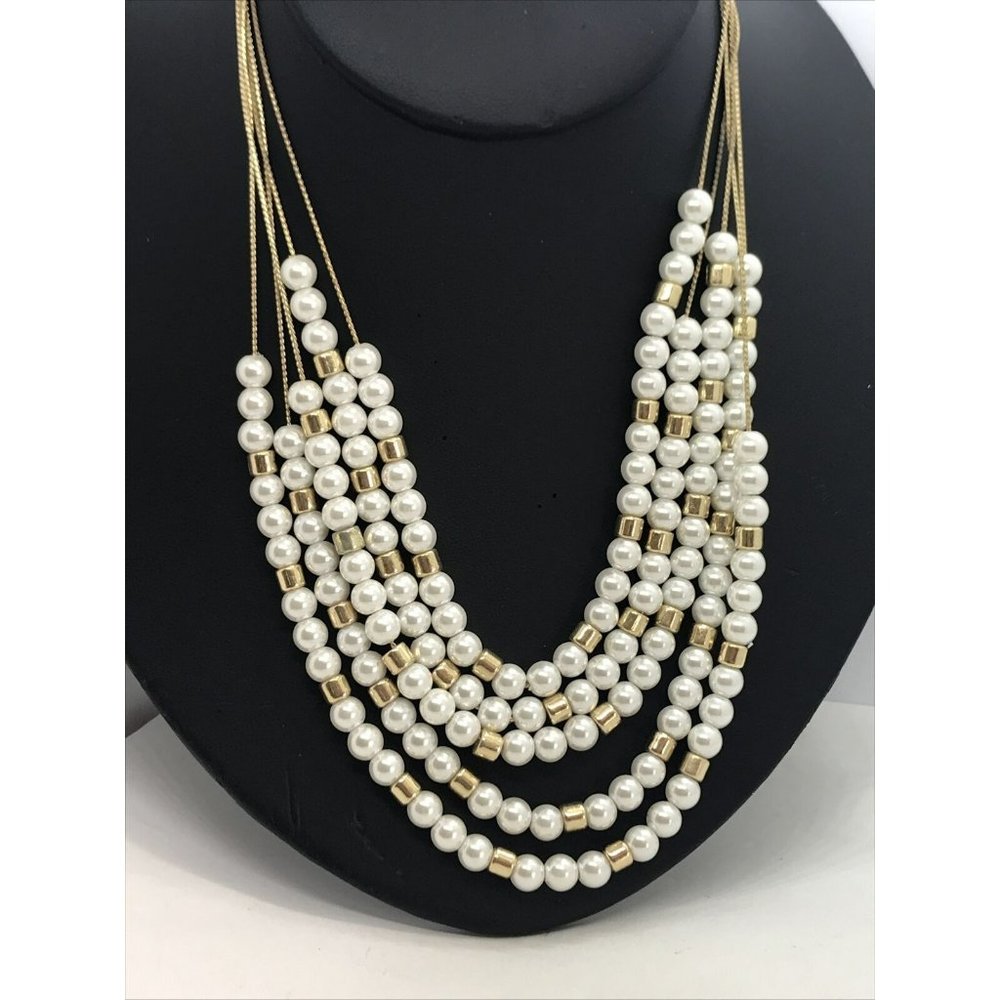 Multi Strand Faux Pearl 15" Beads Chain Statement‎ Necklace gold tone